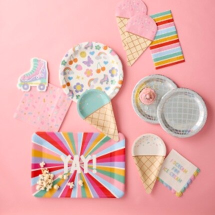 ice cream and roller skate themed paper plates and napkins