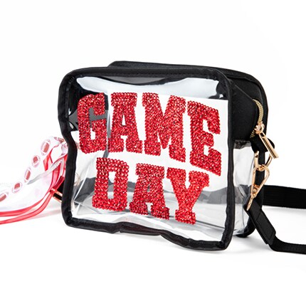 clear messenger bag with Game Day in red sparkle letters