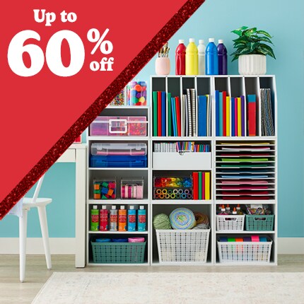 white cube storage with craft supplies with up to 60% off in white text in red triangle