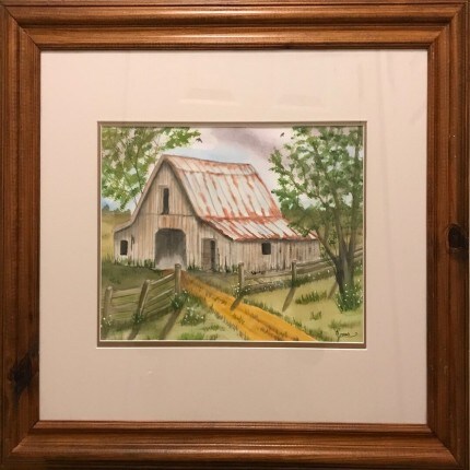 MakerPlace by Michaels Watercolor painting of a rustic barn with a rusted tin roof, trees, fence, and golden path in a quiet countryside scene; warm nostalgic mood.