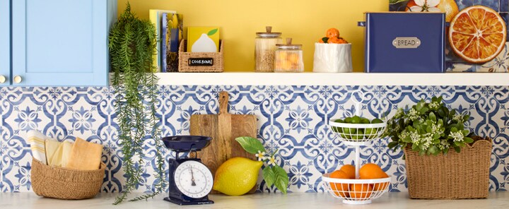 Citrus kitchen utensils with lemon and turquoise accents