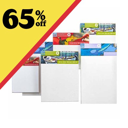 canvas with 65% off in black text over yellow triangle 