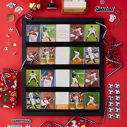 Baseball cards inside of a shadow box