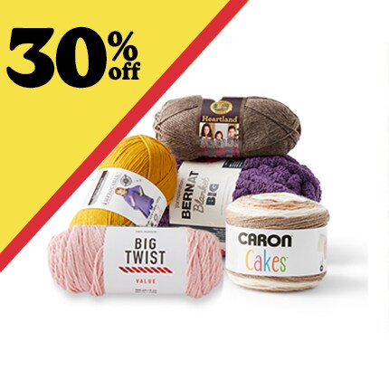 yarn skeins with 30% off in black text over yellow triangle
