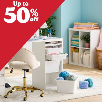 storage with craft supplies with up to 50% off in white text over red triangle