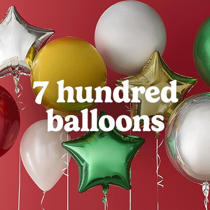 A festive cluster of balloons in various colors and shapes, like stars and circles, on a red background. Text reads "7 hundred balloons."