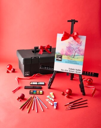 painting art set with easel on red background