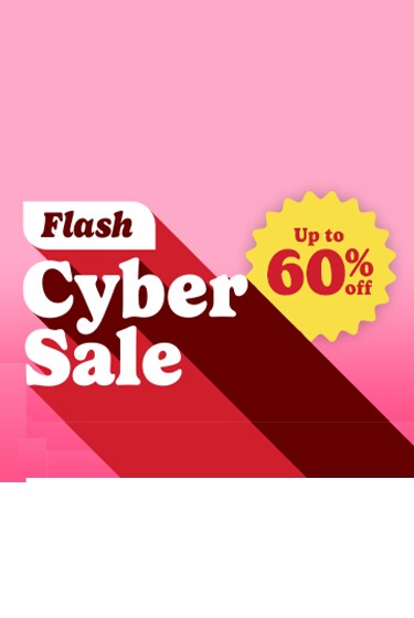 flash cyber sale logo in white text of red and pink background with yellow burst 'up to 60% off'