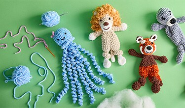 octopus, lion, bear and seal amigurumi crocheted animals with yarn and suffing