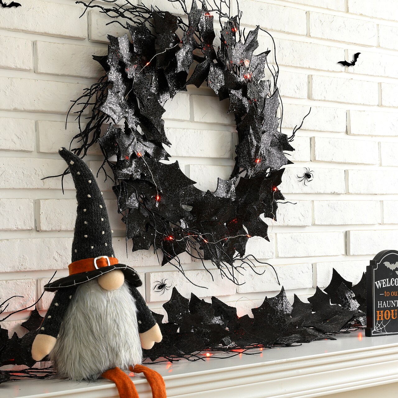 Halloween Black Wreath and Gnome