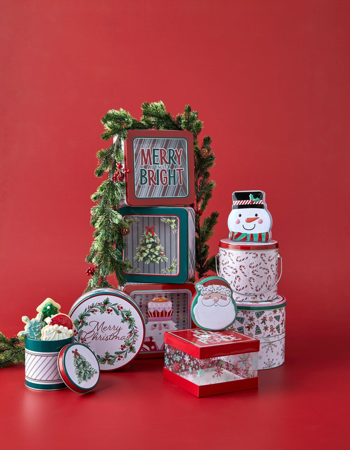 holiday storage tins and containers with cookies