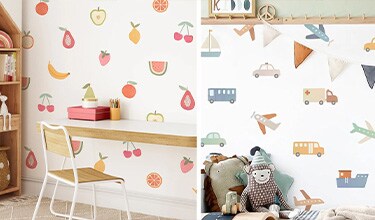 two kids rooms: one with fruit wall decals and the other with car and truck wall stickers