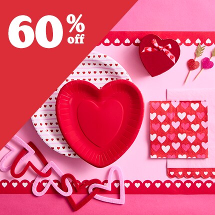 pink and red heart plates and napkins with 60% off in white text over red triangle