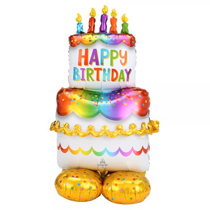Colorful tiered birthday cake balloon with candles, “HAPPY BIRTHDAY” text, rainbow icing, confetti, and golden balloon base; festive and cheerful.