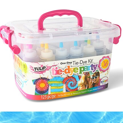 tie-dye kits with bottles in plastic tub