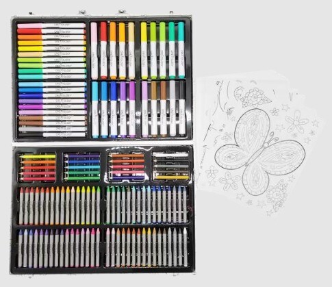 150-piece art set next to butterfly coloring page