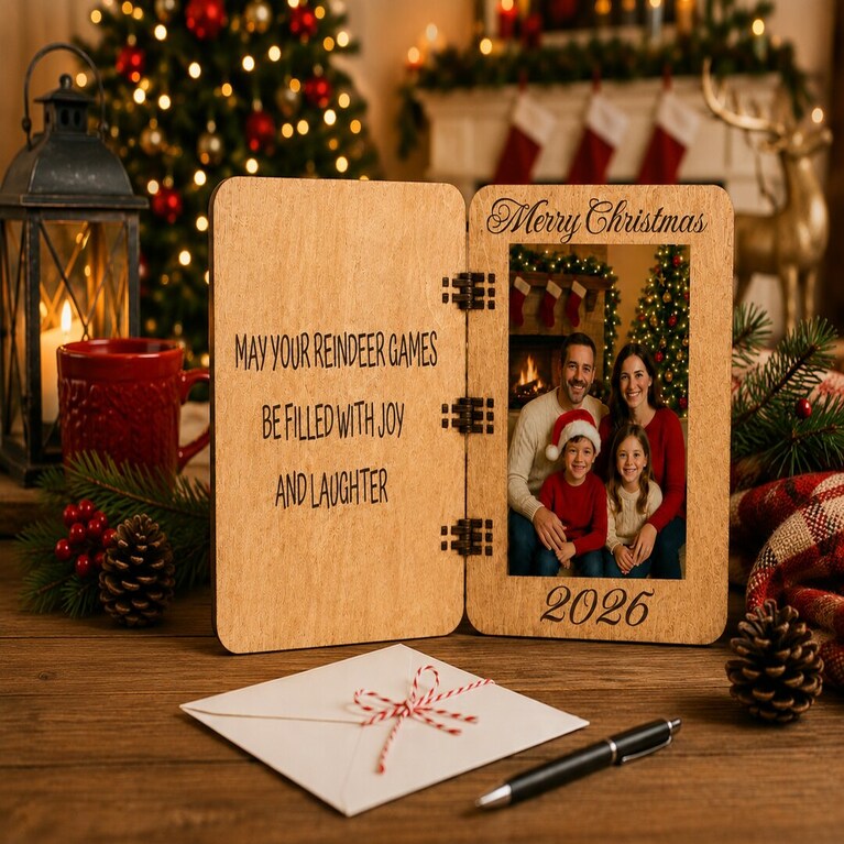 MakerPlace by Michaels A wooden 2026 Christmas card sits on a festive table beside a candle, pinecones, and an envelope. It wishes joy and laughter and shows a smiling family.