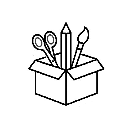 black line icon of open box with scissors, pencil, and paint brush