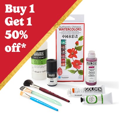 paint brushes, mediums, oil paint and watercolor palette with Buy 1 Get 1 50% Off  in white text over red triangle