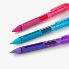 pink pen, turquoise pen, purple pen