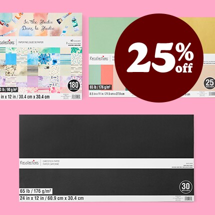 Cardstock Paper Packs & Paper Pads with pink background and 25% off in white text over maroon bubble