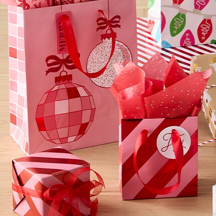 gift bags and wrapped boxes