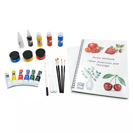 Acrylic painting supplies—colorful paint tubes and jars, brushes, and an illustrated workbook showing fruit and botanical studies on white.