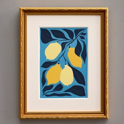 A framed painting hanging on a gray wall