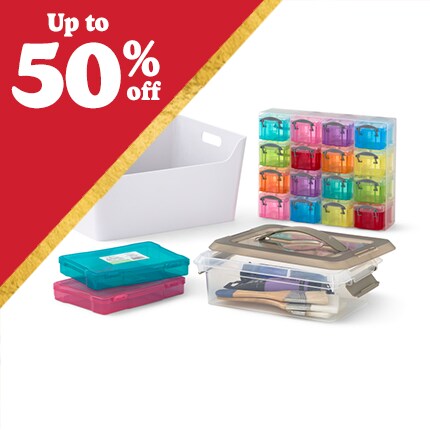 clear and colorful plastic storage containers with up to 50% off in white text over red triangle