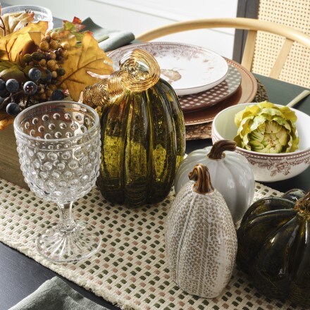 Thanksgiving tabletop decor, glass pumpkins in white, transparent and green colors