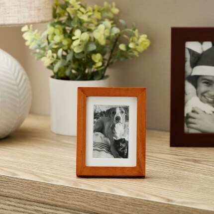 small brown frame with photograph of dog on table in front of plant