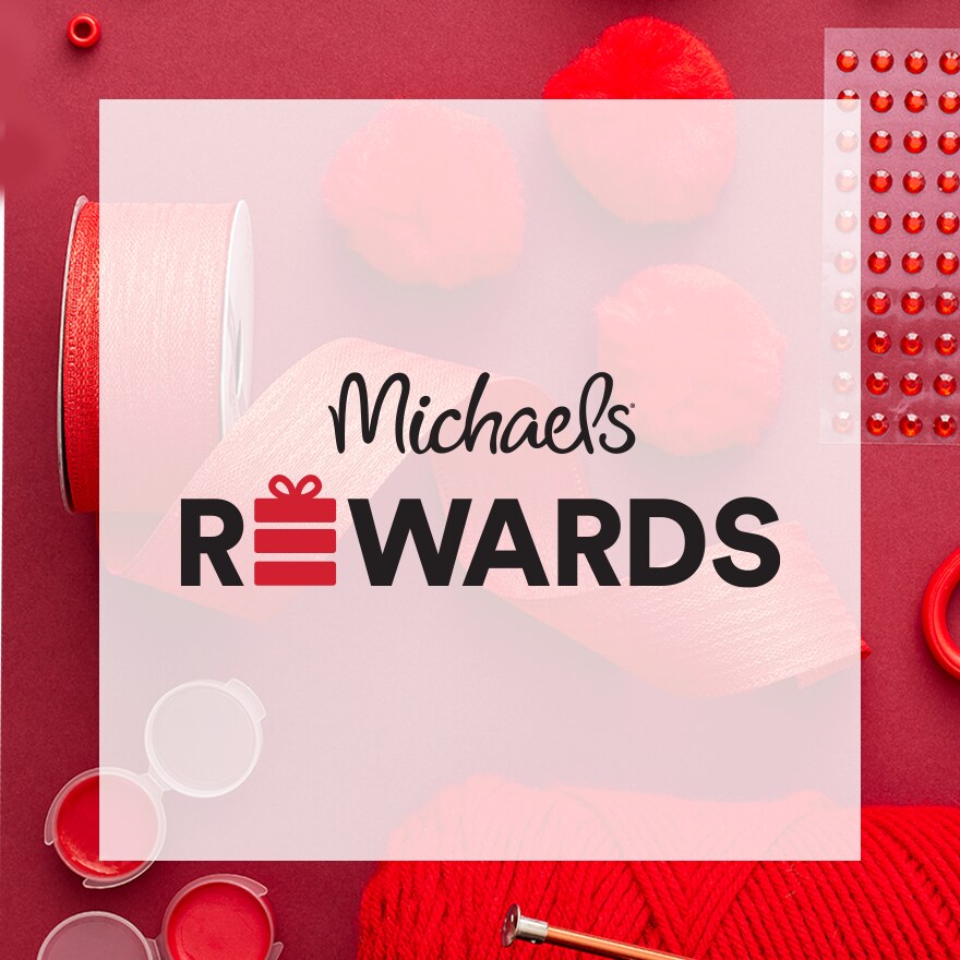 Michaels Rewards logo overlay on red craft supplies