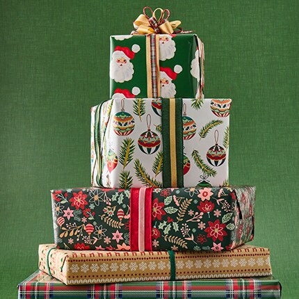 stacked boxes wrapped in gift paper