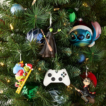 Christmas Shatterproof ornaments: showing licensed ornaments (Stitch, the Grinch, Wicked)