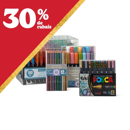 Paquets de marqueurs et ensembles de stylos avec 30 % en texte blanc sur triangle rouge.