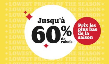 up to 60% off in white bubble with lowest prices of the season in red bubble