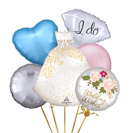 pink orb, blue heart, silver ring and white wedding balloons 
