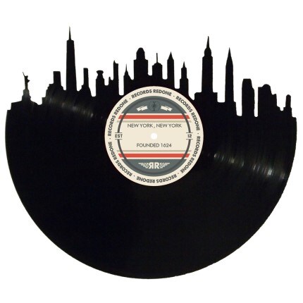 MakerPlace by Michaels Records Redone. Silhouette of the New York City skyline crafted from a vinyl record, with a central label featuring "New York, New York" text. Creative, retro vibe.