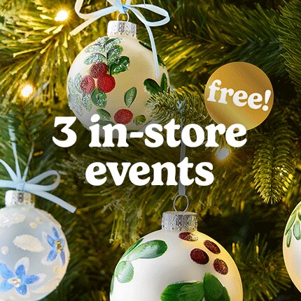 Festive Christmas tree with painted ornaments depicting holly and flowers. Text reads "3 in-store events" with a "free!" label, creating a joyful atmosphere.