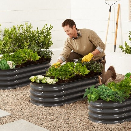 man gardening in raised flower beds