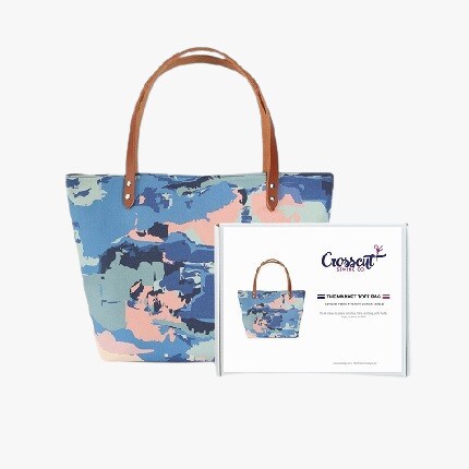 blue and pink tote bag with craft kit box