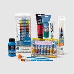 Fine Art Paint Sets, Tubes, & Brushes on white table