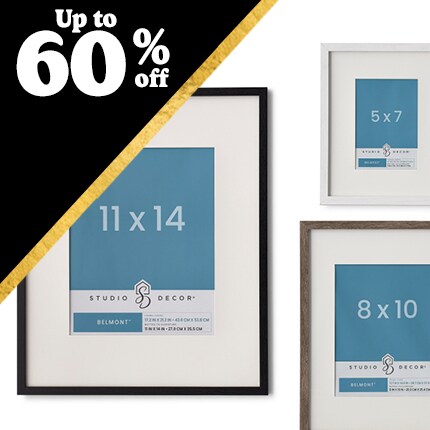 white, brown and black frames with up to 60% off in white text over black triangle
