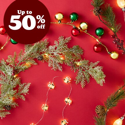 Christmas lights on red background