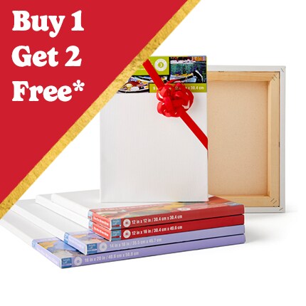 stacked canvases with a bow with Buy 1 Get 2 Free in white text over red triangle