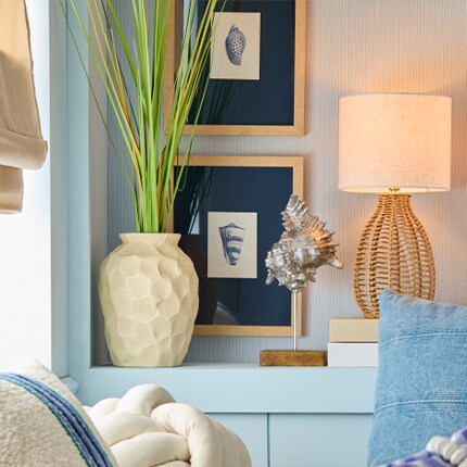 Modern coastal decor with cool blue hues and beachy vibe decor