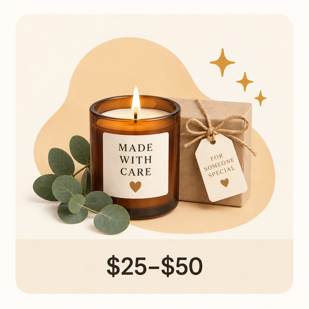 MakerPlace by Michaels Amber glass candle labeled “Made With Care” glows beside green leaves and golden stars, with a warm, cozy handmade feel; priced $25–$50.