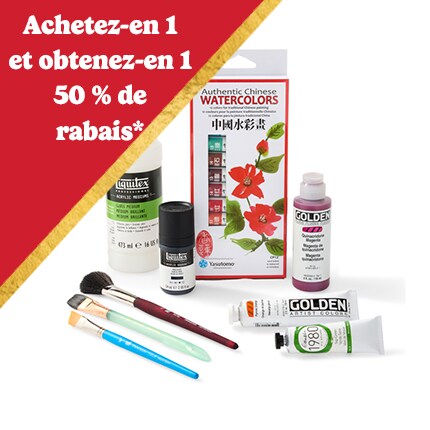 Pinceaux, médiums, peinture à l'huile et palette d'aquarelle avec Achetez 1 Obtenez 1 à 50 % de réduction en texte blanc sur triangle rouge.