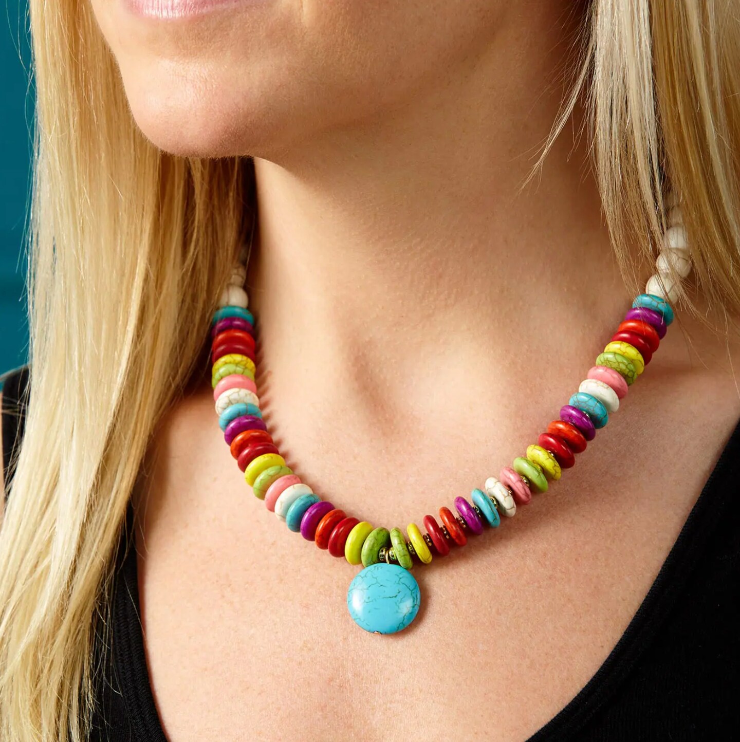 Beaded necklaces on a woman's neck