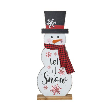 wood snowman decoration with black top hat and red plaid scarf